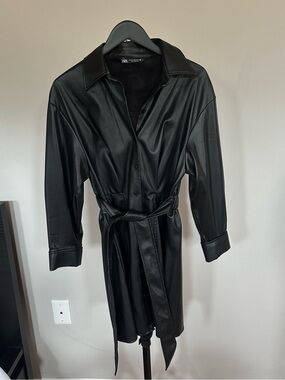 Zara Black Faux Leather Belted Shirt Dress Size XS